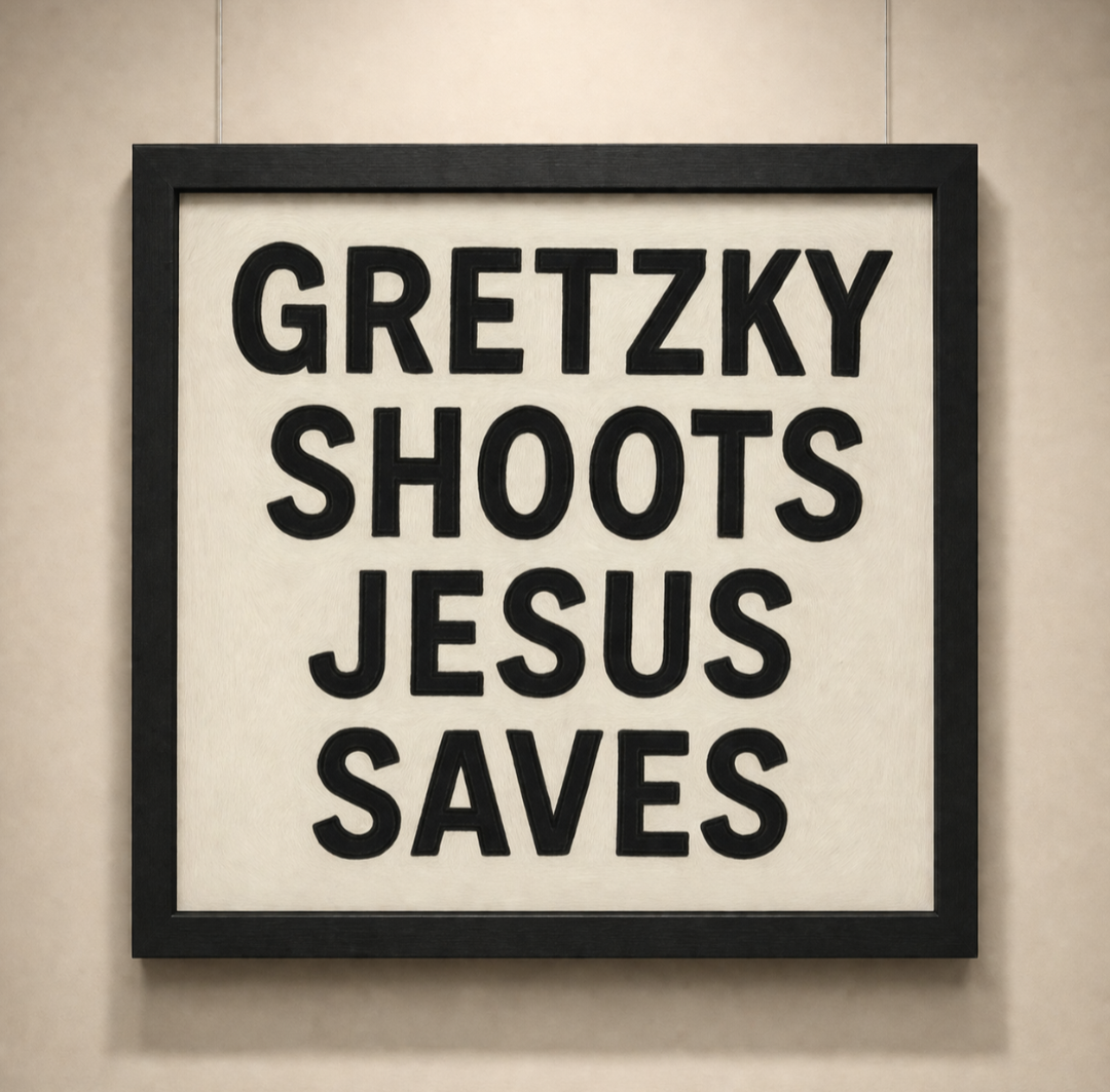 Gretzky Shoots Jesus Saves framed image